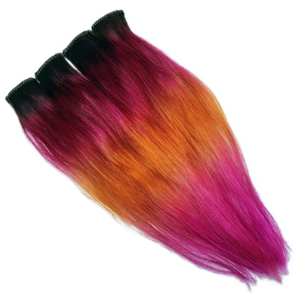 16 inch Remy Human Hair Extensions Red Pink Ombre Rainbow Dark Brown Root - Picture 3 of 3